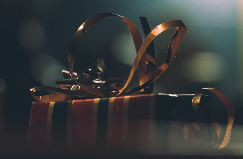 Gift box with striped wrapper