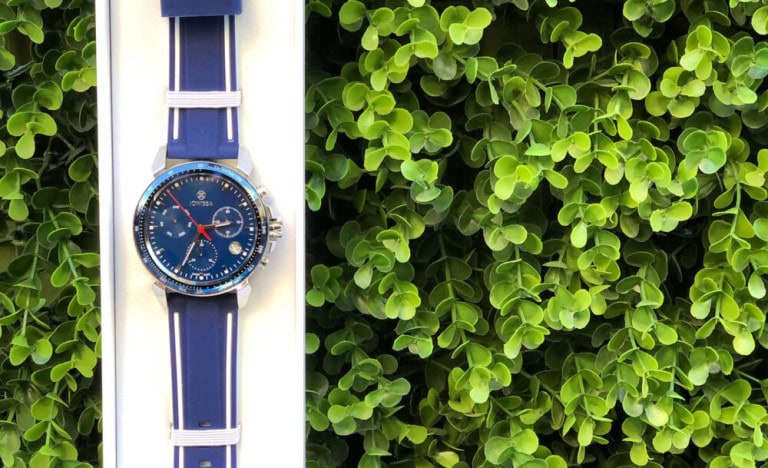 A blue wristwatch with a blue and white strap is displayed vertically beside a wall covered in vibrant green leafy plants. The watch face has red, white, and blue details.