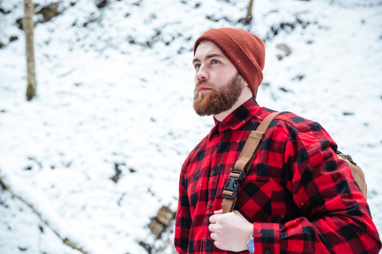 Man wearing red winter shirt