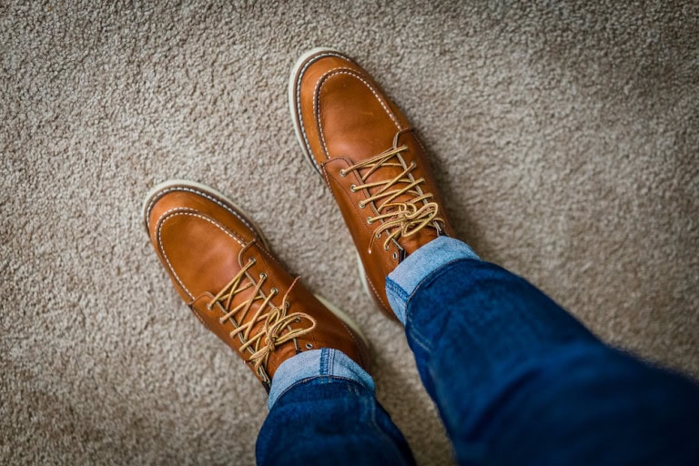 Man wearing brown moc toes