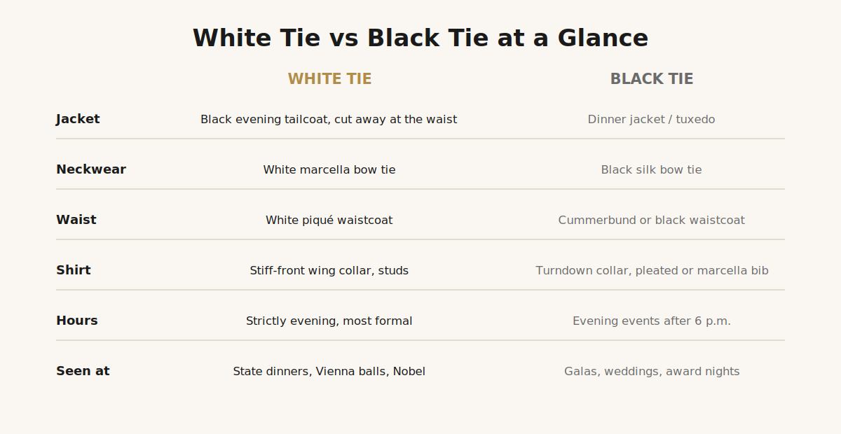 Comparison chart of white tie versus black tie dress codes
