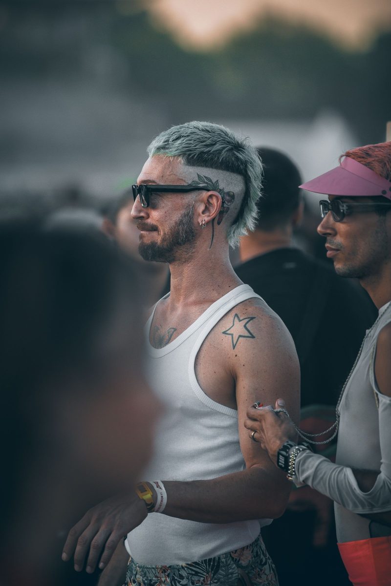 Festival crowd shot, man in a tank top and sunglasses